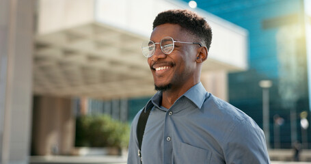 Fototapeta premium City, happy face and professional black man on walk journey, commute and businessman smile on way to office building. Happiness, moving and African worker on morning travel to work in Chicago, USA