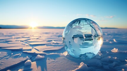 crystal ball on frozen lake at sunset. concept of global warming
