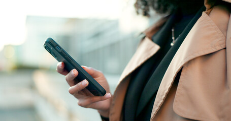 Hands, phone or woman in city to scroll on social media, internet post or website notification....