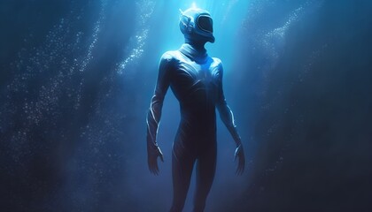 Full body diver in diving suit going deeper and deeper reaching dark blue depths  - obrazy, fototapety, plakaty