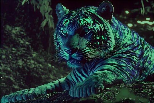 stillframe from Legend of Zelda as liveaction film magic green tiger in jungle Darkfantasy 1987 Magic glitter sequins neon lights © Jean