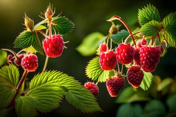 A branch of red raspberries on a raspberry bush.