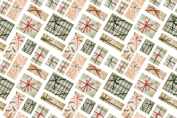 Watercolor pattern with present boxes with ribbon for holidays, birthdays, New Year and Christmas. Vintage style
