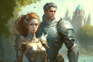 a beautifull woman with huge gcup and a handsome man wiry thirty years old nice composition wearing a half armor of intrincated precious metals ornated stunning castle with trees a pond background 