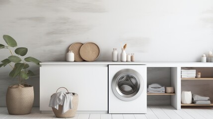 In a white and blurry home laundry room, there's a modern washing machine next to an empty marble tabletop. The tabletop provides blank space for product display.