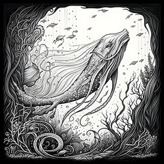 colorless coloring page for coloring book for adult coloring book clear with thick bold black lines all lines are clear dark monster sea creauture beksinski white filled only for colorless coloring  - obrazy, fototapety, plakaty