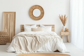 Close up of contemporary Scandinavian timber bedroom with rattan furniture, double bed, duvet, pillows, mirror, and white decor in frame mockup and total white project draft. Generative AI - obrazy, fototapety, plakaty