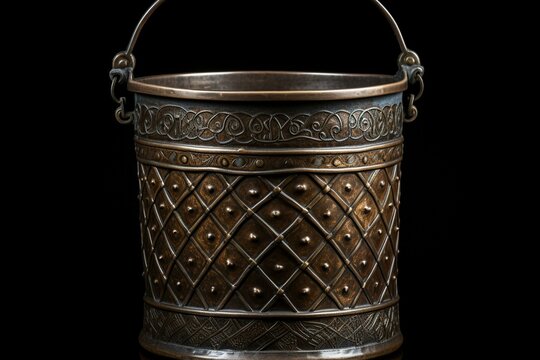 A traditional metal container with a handle, commonly used in medieval times for carrying and storing water or other items. Generative AI