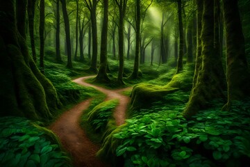 A lush, green forest with a winding path disappearing into the trees.