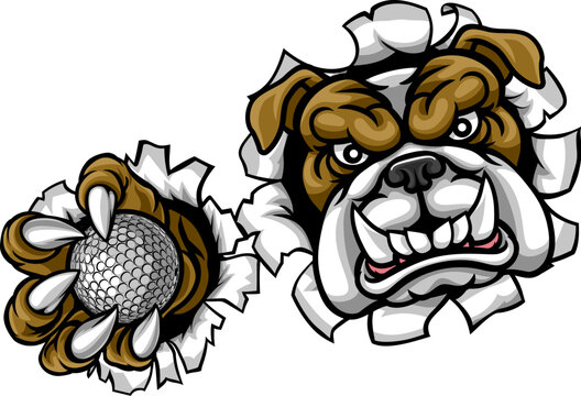 A Bulldog Dog Animal Sports Mascot Holding Golf Ball Breaking Through The Background With Its Claws