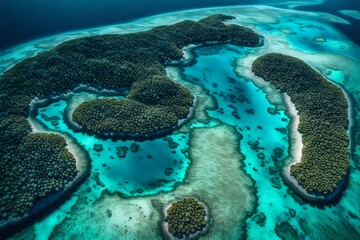 A vibrant coral atoll seen from above, with intricate reef formations and shades of blue ranging from deep navy to aquamarine. - obrazy, fototapety, plakaty