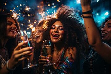 A group of young people wearing colorful fashion, holding champagne glasses with sparklers,...