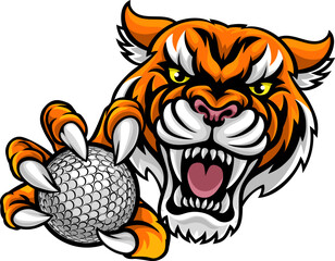 A tiger cat animal sports mascot holding golf ball