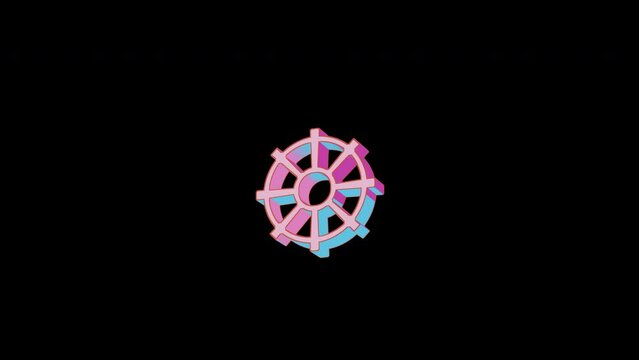 Bright dharmachakra icon is jumping merrily. Retro style. Alpha channel black. Looped from frame 120 to 240, Alpha BW at the end