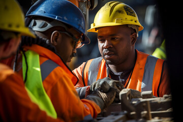 Dynamic Collaboration: Construction Workers Operating Heavy Machinery with Precision and Focus at a Construction Site