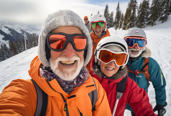 A lifestyle group photo of senior women and men with ski goggles wearing winter clothing and helmet taking selfie with good friends in the alps, content and happy - Powered by Adobe