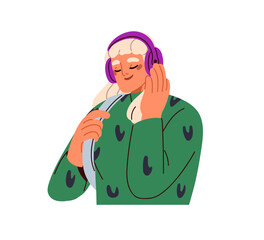 Happy woman listening to music in headphones. Smiling young girl, modern female enjoying audio, song, favourite tune, melody record, podcast. Flat vector illustration isolated on white background