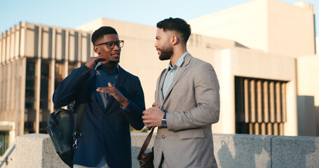 Businessmen, rooftop and discuss business idea for profit increase, stock market and investment....