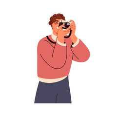 Man photographer taking photo, shooting, holding camera in hand. Happy person capturing picture, shots, photographs. Photography hobby. Flat graphic vector illustration isolated on white background