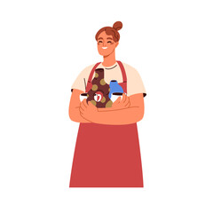 Woman ceramist holding ceramic works in hands. Happy girl with earthenware, clay pots, vases. Smiling female potter with handmade DIY pottery. Flat vector illustration isolated on white background