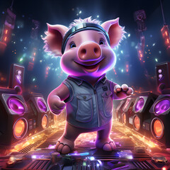 Cartoon pig dancing to the music on dance floor.