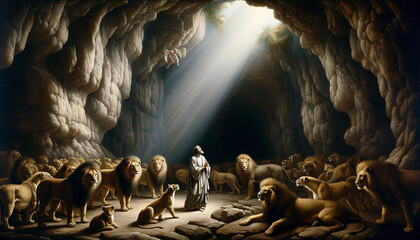 Daniel in the Lions Den: Prophet Daniel's Biblical Story of Faith and Courage in the Old Testament. - obrazy, fototapety, plakaty