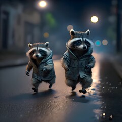 Realistic photography raccoons in a down jacket running on the coldlooking street at night in the style of Beatrix Potter Reuters Pixar  - obrazy, fototapety, plakaty