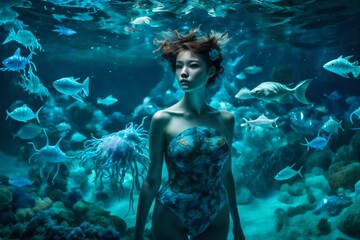 A half-body model in an underwater-inspired costume, surrounded by bioluminescent sea creatures in a deep-sea abyss.