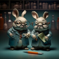 claymationplump twin rabbitswearing glasses and doctors coatin laboratoryfairy tale  - obrazy, fototapety, plakaty