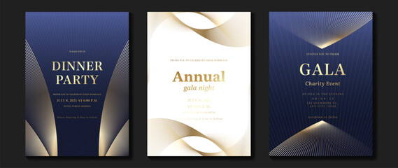 Luxury invitation card background vector. Golden elegant geometric shape, gold lines gradient on blue and white background. Premium design illustration for gala card, grand opening, wedding, cover.