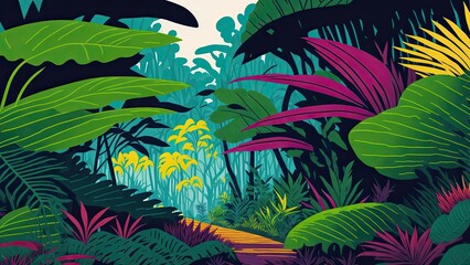 Rainforest garden with tropical trees and plants, bold shapes, colorful, sunny, no clouds.