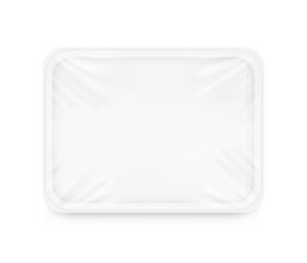 Clear tray container mockup. Vector illustration isolated on white background. Layered template file easy to use for your promo product: meat of animals, chicken, fish. EPS10.
