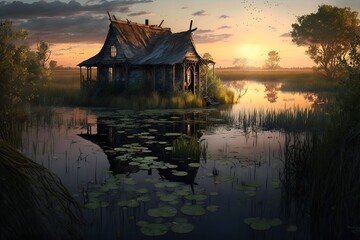 Forgotten swamp village at sunset among swamp vegetation swamp poetry  - obrazy, fototapety, plakaty