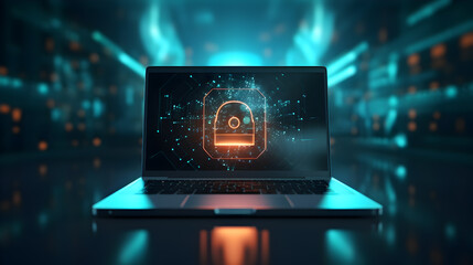laptop on the screen lock. Cyber security, data protection concept, information safety and encryption concept, digital design - obrazy, fototapety, plakaty