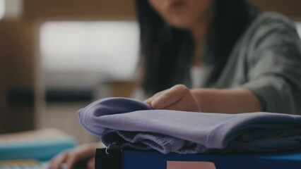 Young woman clothing store worker processes returned items, typing on laptop