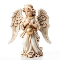 Angel Statue Holding Ball on White Background