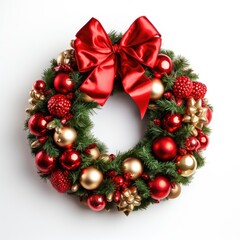 Fototapeta na wymiar Festive Christmas Wreath with Red and Gold Ornaments on White Background