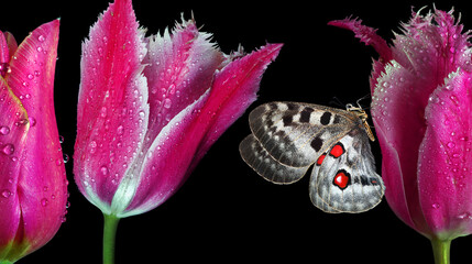 bright apollo butterfly on purple tulip flowers in dew drops isolated on black. 