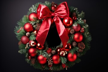 Fototapeta na wymiar Festive Christmas Wreath Decorated with Bright Red Ornaments on Black Background - Winter Holiday Decoration Concept