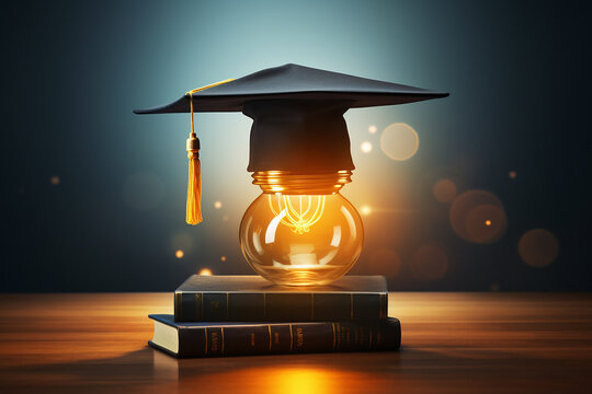 Generative AI Image of Light Bulb with Graduation Cap on Dark Background