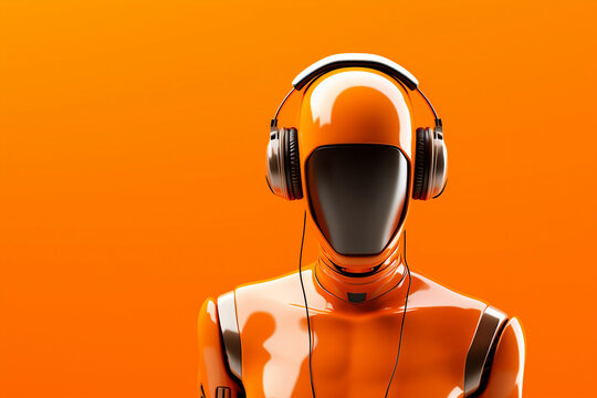android with headphones on an orange background