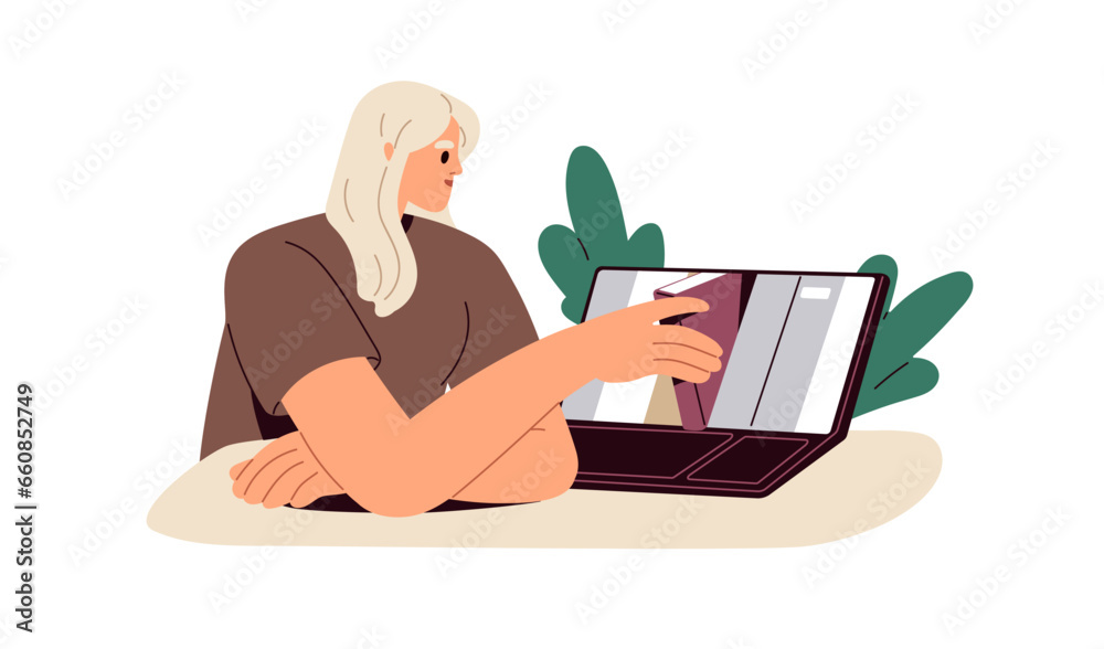 Poster online electronic library concept. student choosing book to read in internet. buying ebook in digita