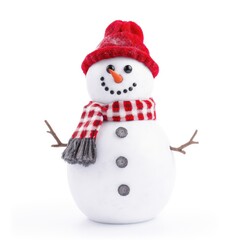 Cheerful Snowman in Red Scarf and Hat in Winter Landscape