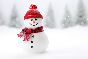 Fototapeta premium Festive Snowman in Red Scarf and Hat Enjoying Winter Fun Outdoors