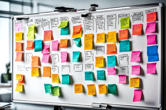 A whiteboard filled with colorful sticky notes outlining project tasks and deadlines.