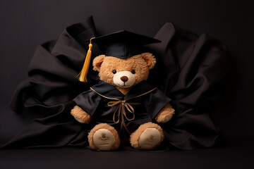 Generative AI Image of Teddy Bear Wearing a Graduation Toga on Dark Background