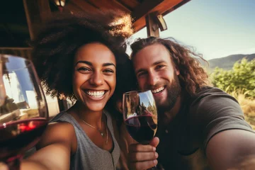Deurstickers friends drink wine and take selfies © Alexander