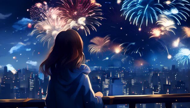 A Girl Standing On A Balcony Overlooking A City Skyline At Night With Fireworks In The Sky. Anime New Year And Christmas Concept. Generative AI