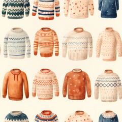 Seamless pattern with knitted winter sweaters