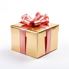 Elegant Gold Gift Box with Pink Ribbon on White Background - Perfect Present for Celebrations, Events, and Special Occasions